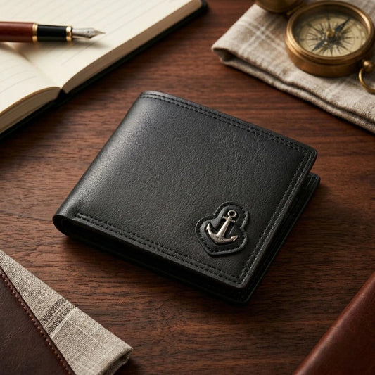 Anchor Emblem Bifold Leather Wallet with Box - Black